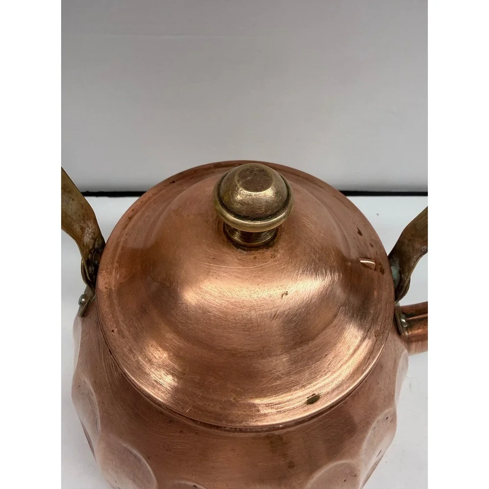 Vintage Copper Tea Kettle Brass Handle Fluted Thumbprint Design Rustic Decor